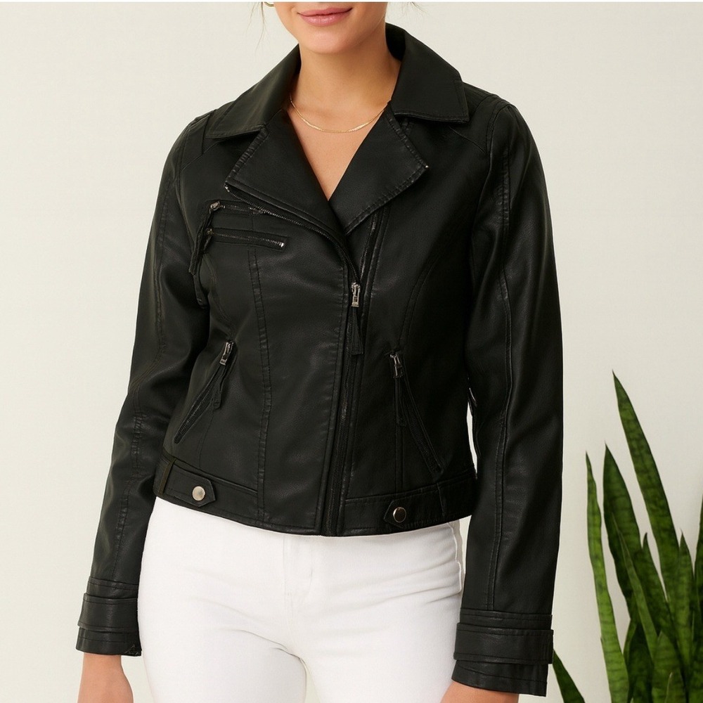 Blue B Collection Womens Black Faux Leather Moto‎ Biker Jacket Zip Up Size L